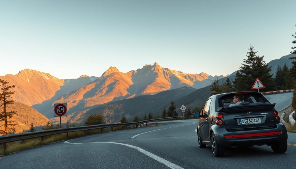A scenic mountain road winding through lush landscapes, showcasing driving techniques for navigating curves. In the foreground, a modestly dressed person carefully maneuvers a compact vehicle around a sharp bend, focusing intently on the road ahead. The middle ground highlights additional road signs indicating speed limits and corner warnings. The background features majestic mountain peaks bathed in warm sunlight, with trees lining the slopes. The atmosphere is serene yet focused, with soft golden hour lighting casting gentle shadows. The image captures the essence of safe driving practices in mountainous terrain, emphasizing control and attention to road conditions. A wide-angle perspective enhances the sense of depth and adventure, inviting viewers to explore the beauty of mountain driving.