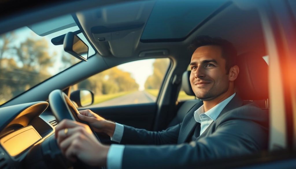 A serene driver sitting calmly in a car, reflecting a sense of confidence and control while gripping the steering wheel. In the foreground, focus on the driver’s calm facial expression, dressed in professional attire. In the middle ground, a blurred dashboard and car interior suggest movement, while soft sunlight streams through the windshield, illuminating the driver. In the background, a peaceful road lined with trees and a clear blue sky conveys a sense of safety and tranquility. The lighting is warm and inviting, enhancing the positive atmosphere. The composition should evoke feelings of reassurance, emphasizing the psychological strategies for overcoming driving anxiety. A serene driver sitting calmly in a car, reflecting a sense of confidence and control while gripping the steering wheel. In the foreground, focus on the driver’s calm facial expression, dressed in professional attire. In the middle ground, a blurred dashboard and car interior suggest movement, while soft sunlight streams through the windshield, illuminating the driver. In the background, a peaceful road lined with trees and a clear blue sky conveys a sense of safety and tranquility. The lighting is warm and inviting, enhancing the positive atmosphere. The composition should evoke feelings of reassurance, emphasizing the psychological strategies for overcoming driving anxiety.