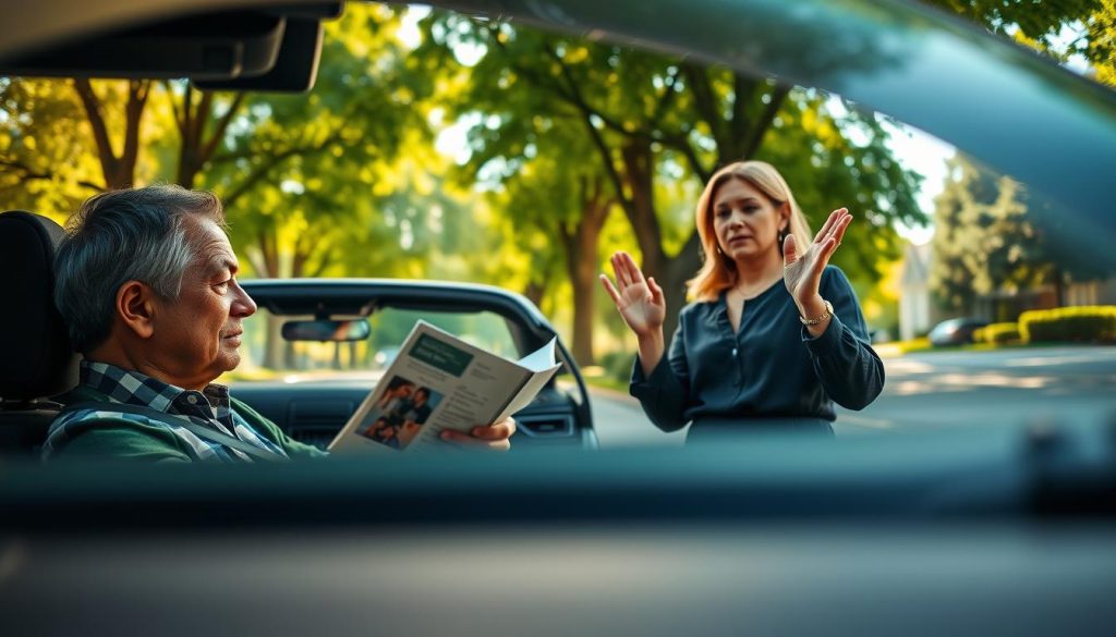 A serene driving lesson scene depicting a cautious driver in a modern car, parked on a quiet, tree-lined suburban street. The foreground features a middle-aged man in modest casual clothing, attentively studying a driving manual while seated in the driver's seat. In the middle ground, a professional female instructor in a smart blouse stands beside the car, demonstrating hand signals and offering guidance. In the background, vibrant green foliage and soft sunlight filtering through the trees create a calm and inviting atmosphere. The angle captures both the instructor and driver, showcasing their interaction and focus on safety. The lighting is warm and natural, enhancing the mood of reassurance and confidence as they prepare to embark on a low-risk driving practice.