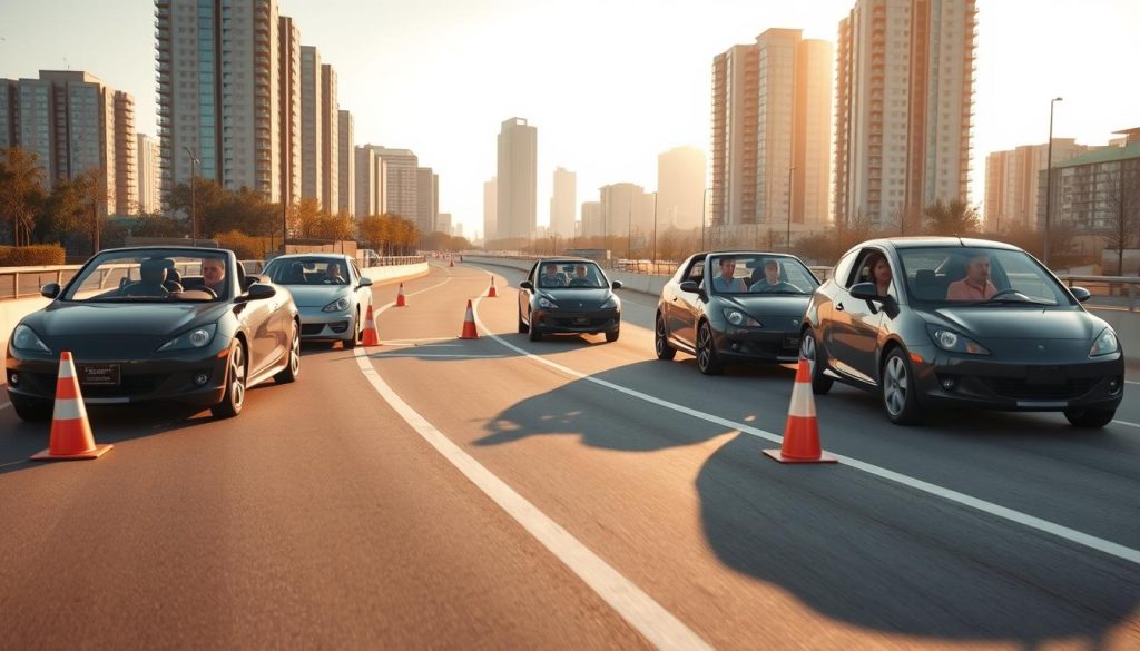 A serene driving practice scene set in a calm urban environment. In the foreground, a diverse group of individuals of various ages and backgrounds are engaged in friendly driving exercises, each in a modern vehicle. They wear professional business attire and look focused yet relaxed. In the middle ground, a smooth road curves gently, lined with freshly painted lane markings, while some traffic cones and practice signs are scattered around to emphasize the training aspect. In the background, tall buildings create a cityscape bathed in soft, late afternoon sunlight, casting gentle shadows that add depth. The overall atmosphere is one of renewal and confidence, conveying the excitement of regaining driving skills after a long break. The composition uses a wide-angle perspective to capture the milieu, and lighting is warm, evoking a sense of motivation.