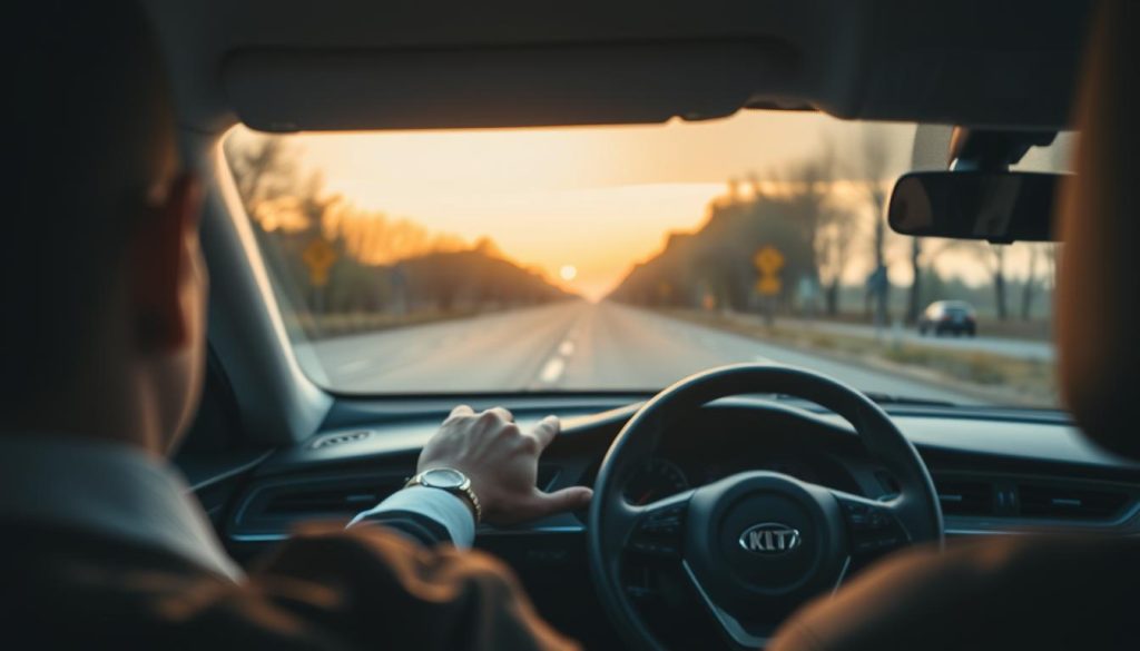 A serene scene of a driver inside a modern car, focusing on the windshield and the road ahead, illustrating a sense of spatial awareness. In the foreground, the driver's hands grip the steering wheel, showcasing an attentive grip, wearing professional attire. The middle ground features a blurred view of the road stretching into the distance, lined with trees and road signs to convey distance perception. In the background, a gentle sunset glow casts warm light, enhancing the calm atmosphere of renewal and focus. Capture this moment from a slight angle to create depth, emphasizing the importance of regaining road sense and distance awareness, with a soft bokeh effect to soften the surroundings and add tranquility.