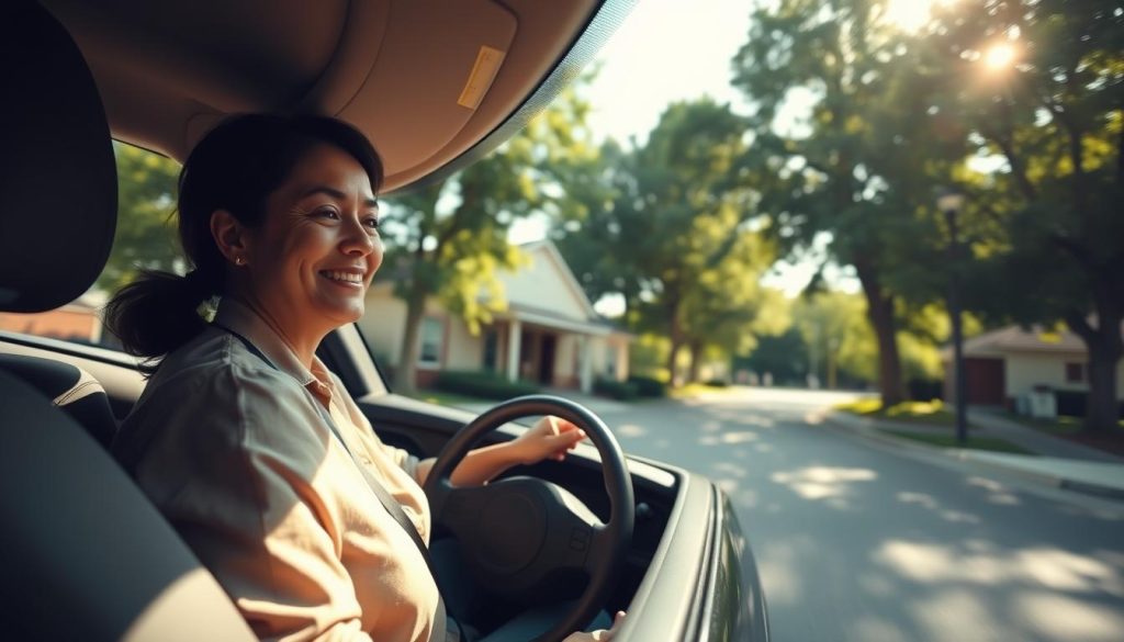 A serene scene of a mother driving smoothly in her car while picking up her child from school. In the foreground, the mother, dressed in a modest casual outfit, is focused and relaxed, with a gentle smile as she navigates the road. The middle section displays a school building with children playing outside, which adds a sense of community and warmth. In the background, lush green trees line the street, suggesting a peaceful suburban neighborhood. The sunlight filters through the leaves, creating a soft golden glow, enhancing a calm and nurturing atmosphere. The angle captures the car from a slight side view, emphasizing its steady movement on the road, symbolizing confidence in driving basics such as starting, stopping, and turning.