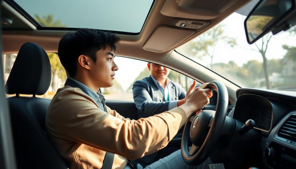 A serene urban driving practice scene depicting a learner driver inside a modern car. The foreground features a focused young adult, wearing casual but neat clothing, holding the steering wheel with concentration. In the middle ground, a traffic instructor, dressed in professional attire, gestures to indicate road signs, providing guidance. The background shows a clear, sunny day with a calm city street, lined with trees and simple traffic signs. Soft daylight casts natural shadows, enhancing the overall clarity of the scene. The atmosphere is one of learning and patience, emphasizing the importance of practice in road driving. The composition is framed from a slight angle to showcase both the instructor and the learner, creating a sense of interaction and engagement.