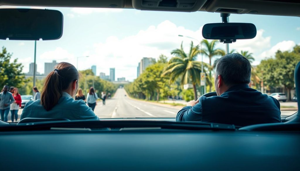 A serene urban environment featuring a well-defined fixed driving route with clear road signs, focusing on a well-maintained city street. In the foreground, a small group of diverse individuals, dressed in professional casual attire, are engaging in practice driving exercises with a focus on confidence-building. One person is seated behind the wheel, practicing steering, while an instructor gives guidance from the passenger seat. The middle ground includes a gently elevated view of the street lined with trees and markers indicating the driving path. The background reveals a bright blue sky with fluffy clouds and a hint of distant city buildings, creating a calm and supportive atmosphere. Soft, natural lighting enhances the scene, evoking a sense of positivity and encouragement for learning to drive.