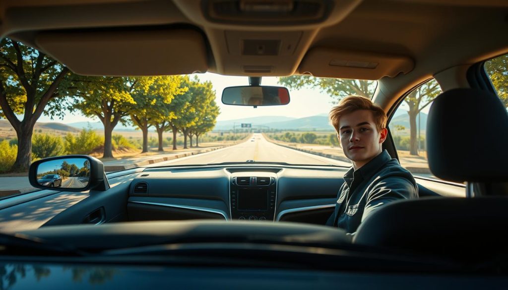 A serene urban street scene depicting a young adult sitting confidently in the driver's seat of a parked car, with an open road ahead. The foreground features the vehicle, showcasing a bright, clean interior. In the middle ground, trees line the sides of the road, casting dappled sunlight through leaves, creating a welcoming atmosphere. The background displays a distant horizon with soft hills and a clear blue sky, enhancing the sense of freedom. The lighting is warm, suggesting a late afternoon, evoking feelings of hope and determination. The young adult is dressed in professional casual attire, looking relaxed but focused, symbolizing the journey of regaining confidence behind the wheel.