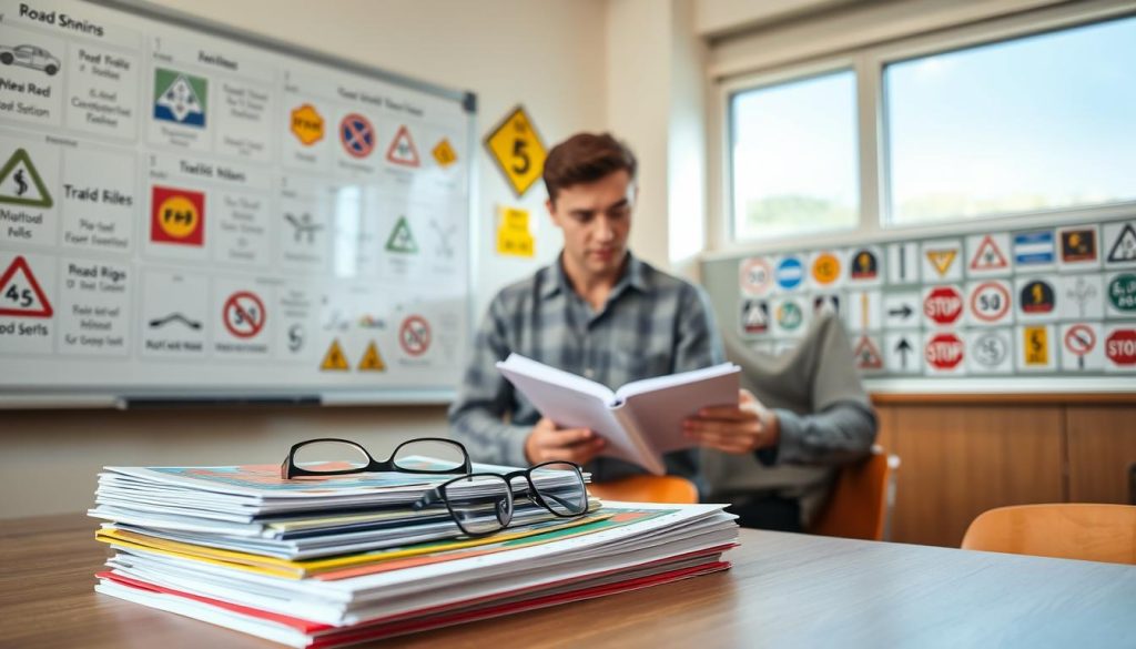 A serene, well-lit classroom setting with a large, clear whiteboard displaying various road signs and traffic rules. In the foreground, a neatly organized stack of colorful study materials, such as flashcards and manuals, is arranged on a wooden desk. A pair of reading glasses rests atop the materials, suggesting a focused study session. In the middle ground, a professional-looking individual in modest casual clothing is engaged in reviewing the materials, their expression thoughtful and determined. In the background, a bulletin board filled with images of common traffic signs complements the educational atmosphere. Soft natural light filters through a window, creating a warm and inviting mood, ideal for learning and review.