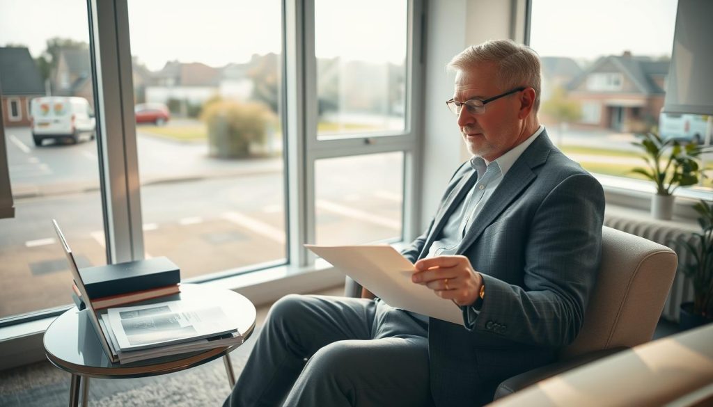 A serene, well-lit scene depicting a person sitting in a comfortable office environment, thoughtfully engaged in self-assessment before getting back on the road. The foreground features a middle-aged individual, dressed in smart casual attire, reviewing notes and using a laptop. The middle ground includes a small table cluttered with a driving manual, a cup of coffee, and some reflective driving-related images. In the background, a large window reveals a peaceful suburban street, symbolizing a return to driving. Soft, natural light streams in, creating a calm and introspective atmosphere. The camera angle is slightly elevated, capturing the individual in focus while the background softly blurs to emphasize the mood of preparation and self-reflection.