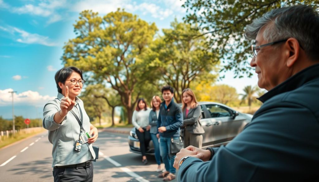 A serene, well-structured driving lesson scene in Taichung, Taiwan. In the foreground, a professional driving instructor wearing modest casual attire is demonstrating safe driving techniques to a diverse group of students, including young adults and older learners, all dressed in casual, professional clothing. In the middle ground, a modern vehicle is parked on a calm, tree-lined road with clear traffic signs visible. The background features a sunny day, with blue skies and soft clouds, highlighting the beautiful Taiwanese landscape. The atmosphere conveys a sense of learning and community, with warm sunlight creating a welcoming ambiance. The scene captures an encouraging moment of guidance and interaction between the instructor and students, illustrating the importance of tailored driving courses for different groups. A serene, well-structured driving lesson scene in Taichung, Taiwan. In the foreground, a professional driving instructor wearing modest casual attire is demonstrating safe driving techniques to a diverse group of students, including young adults and older learners, all dressed in casual, professional clothing. In the middle ground, a modern vehicle is parked on a calm, tree-lined road with clear traffic signs visible. The background features a sunny day, with blue skies and soft clouds, highlighting the beautiful Taiwanese landscape. The atmosphere conveys a sense of learning and community, with warm sunlight creating a welcoming ambiance. The scene captures an encouraging moment of guidance and interaction between the instructor and students, illustrating the importance of tailored driving courses for different groups.