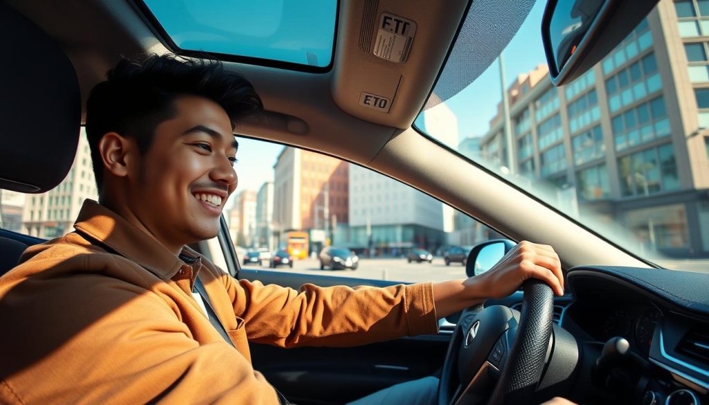 A skilled young driver, focused and confident, practicing independent driving in a modern urban environment. In the foreground, the driver is behind the wheel of a sleek car, wearing casual yet professional attire, displaying concentration and determination. In the middle ground, a vibrant city street unfolds, showcasing traffic signals and buildings that represent an active driving experience. The background features a clear blue sky, creating a sense of openness and possibility. Soft daytime lighting enhances the scene, casting gentle shadows that emphasize the driver's joyful expression. The atmosphere is inspiring and empowering, capturing the essence of mastering independent driving skills.