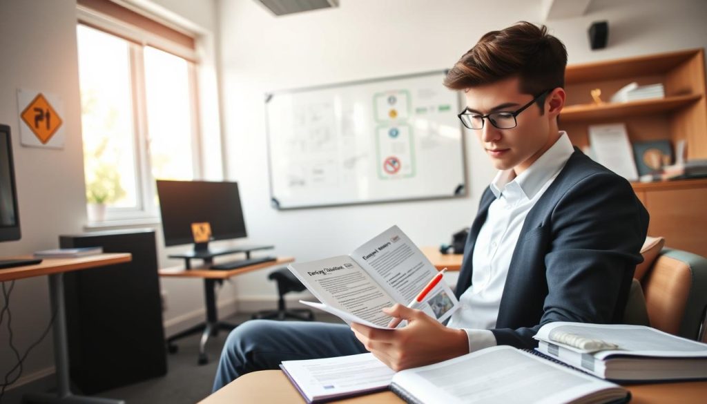 A student preparing for a driving lesson sits in a well-lit classroom, surrounded by driving manuals, a computer, and a notebook filled with notes. In the foreground, the student, wearing smart casual attire, highlights important points in the manual, demonstrating a focused attitude. The middle ground features a whiteboard with diagrams of road signs and traffic rules, emphasizing learning. In the background, large windows allow natural light to flood the room, creating a warm and inviting atmosphere. The overall mood is one of determination and readiness, reflecting the student's commitment to effective learning before the driving lesson begins. The scene captures the essence of preparation and focus, ideal for illustrating a section about maximizing the efficiency of driving classes. A student preparing for a driving lesson sits in a well-lit classroom, surrounded by driving manuals, a computer, and a notebook filled with notes. In the foreground, the student, wearing smart casual attire, highlights important points in the manual, demonstrating a focused attitude. The middle ground features a whiteboard with diagrams of road signs and traffic rules, emphasizing learning. In the background, large windows allow natural light to flood the room, creating a warm and inviting atmosphere. The overall mood is one of determination and readiness, reflecting the student's commitment to effective learning before the driving lesson begins. The scene captures the essence of preparation and focus, ideal for illustrating a section about maximizing the efficiency of driving classes.