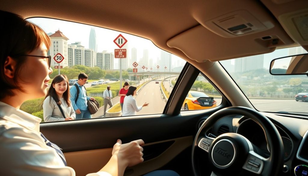 A vibrant scene depicting two distinct driving education pathways in Taiwan. In the foreground, a teacher in professional attire is instructing a diverse group of students, showcasing various nationalities and ages, in a practical driving lesson with a small car. The middle layer features a driving school environment, complete with clearly marked traffic signs, a mock road, and an instructor guiding a student through maneuvering skills. The background shows a bustling urban landscape of Taipei, emphasizing the contrast between street driving and formal training. Soft, natural lighting casts shadows, creating a warm and inviting atmosphere. Capture the essence of learning to drive, highlighting both the community aspects of driving on the roads and the structured environment of driving schools.
