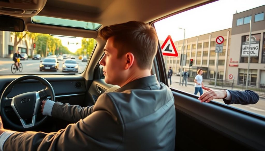 A vivid contrast between road driving and a driving school environment. In the foreground, a confident, young adult in professional attire is behind the wheel of a car, looking focused and attentive. To the right, a driving instructor, also dressed in smart casual clothing, gestures towards a nearby traffic sign, implying a teaching moment. In the middle ground, an urban setting with busy streets, traffic lights, and cyclists, illustrating real-world driving conditions. In the background, a driving school building is partially visible, with other learners practicing in a controlled area. The scene is bathed in warm daylight, casting soft shadows, creating an inviting atmosphere that showcases the difference between hands-on driving experience and the structured learning of a driving school.