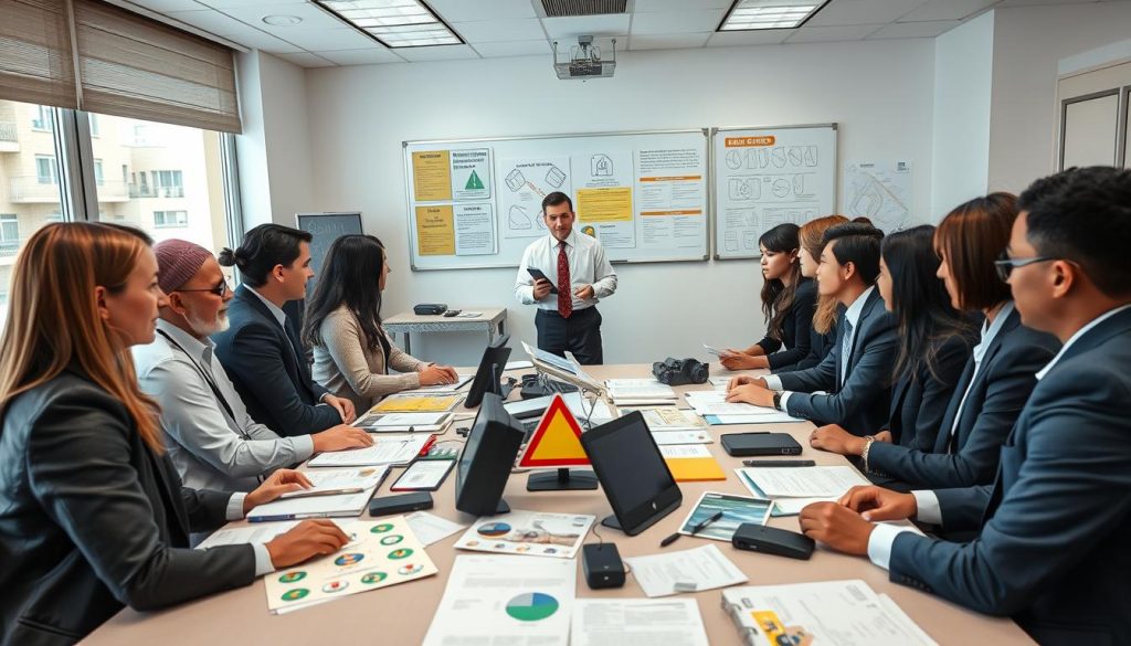 A well-organized driving school classroom setting, focusing on a variety of driving lesson materials. In the foreground, a diverse group of students of different ages and ethnicities, dressed in professional business attire, are engaged in a discussion around a large table filled with driver manuals, traffic signs, and technology training devices. In the middle ground, an instructor, also in professional attire, demonstrates proper driving techniques using a simulated driving setup. In the background, a whiteboard displays diagrams of road rules, safety precautions, and lesson plans. Soft, natural lighting from large windows creates a welcoming atmosphere, while a wide-angle view captures the entirety of this educational environment, evoking a mood of positivity and eagerness to learn.