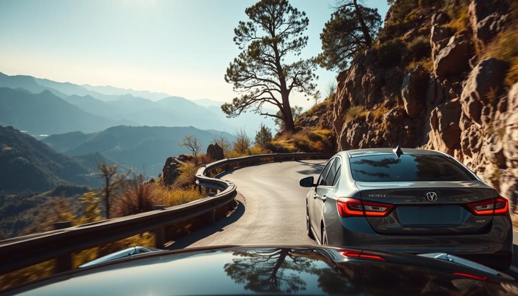 A winding mountain road seen from a slightly elevated angle, showcasing a car approaching a sharp turn. The foreground features the vehicle, a modern sedan, with brake lights illuminated, signaling the driver is slowing down. In the middle ground, the road curves gracefully around rocky cliffs, with patches of greenery accentuating the natural surroundings. The background reveals a breathtaking vista of distant mountains under a clear blue sky. Soft sunlight filters through the trees, creating a warm, inviting atmosphere. The scene evokes a sense of focus and precision in driving, capturing the essence of safe maneuvering techniques on mountain roads. The composition is vivid, highlighting the importance of maintaining vehicle stability and control while navigating curves.