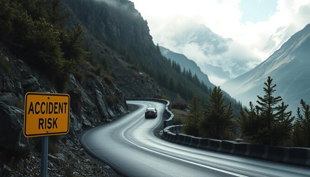 A winding mountain road snakes through a rugged landscape, framed by steep cliffs and dense foliage. In the foreground, a caution sign indicating "Accident Risk" stands prominently alongside the road, drawing attention to the potential dangers. The middle ground features a narrow path where a car approaches a sharp turn, its tires gripping the asphalt as it carefully navigates the curve. In the background, majestic mountain peaks rise majestically, partially obscured by mist that creates an air of tension. The scene is illuminated with soft, diffused sunlight, enhancing the sense of caution and seriousness. A moody atmosphere reflects the importance of safe driving practices on mountainous terrain, evoking a feeling of urgency and respect for nature's challenges.