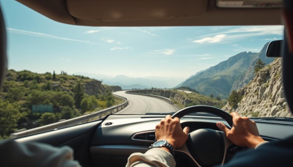 A winding mountain road with sharp bends and steep inclines, showcasing a driver in a modest casual outfit, focused and scanning the road ahead. In the foreground, a close-up view of the driver’s attentive face and hands gripping the steering wheel, highlighting concentration. The middle section captures the serpentine highway bordered by lush greenery and rocky cliffs under a bright blue sky, creating a sense of depth. In the background, hazy mountains stretch into the distance, emphasizing the necessity of distance vision for safe driving. Soft natural lighting casts gentle shadows, enhancing the serene but alert atmosphere of mountain driving. The focus is on clarity and spatial awareness, with no distractions or text elements.