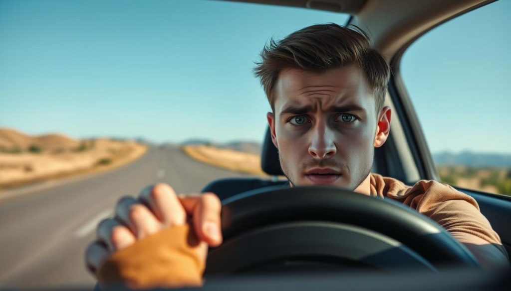 A young adult man sits behind the wheel of a car, visibly tense and anxious, gripping the steering wheel tightly with sweat beading on his forehead. In the foreground, focus on his facial expression reflecting fear and uncertainty, showcasing his furrowed brows and wide eyes. The middle ground features a well-maintained road under a clear blue sky, symbolizing the journey ahead. In the background, a serene landscape unfolds, with gentle hills and trees lining the road, contrasting the driver's internal struggle. The scene is bathed in soft, natural light, enhancing the sense of calm in the environment. The photograph is taken with a shallow depth of field to emphasize the driver, creating an intimate atmosphere of overcoming anxiety. A young adult man sits behind the wheel of a car, visibly tense and anxious, gripping the steering wheel tightly with sweat beading on his forehead. In the foreground, focus on his facial expression reflecting fear and uncertainty, showcasing his furrowed brows and wide eyes. The middle ground features a well-maintained road under a clear blue sky, symbolizing the journey ahead. In the background, a serene landscape unfolds, with gentle hills and trees lining the road, contrasting the driver's internal struggle. The scene is bathed in soft, natural light, enhancing the sense of calm in the environment. The photograph is taken with a shallow depth of field to emphasize the driver, creating an intimate atmosphere of overcoming anxiety.