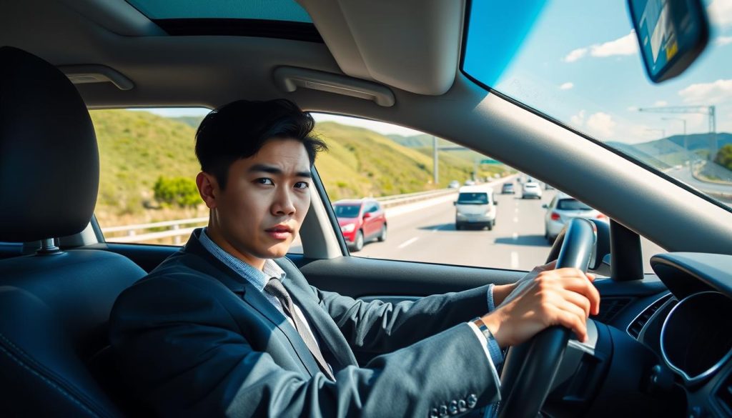A young, nervous driver in a professional business attire sits in a modern car, gripping the steering wheel with focused determination. In the foreground, the driver's intense gaze is directed outward, scanning the road ahead, emphasizing the theme of "視線掃描" (visual scanning). The middle ground features a busy Taiwanese highway, with clear lane markings and vehicles of various sizes, highlighting the activity and speed of traffic. In the background, vibrant green hills and a blue sky add contrast and depth to the scene. The lighting is bright and natural, simulating a sunny day, enhancing the atmosphere of alertness and concentration. The angle captures the driver's perspective, reinforcing the message of defensive driving and awareness on the highway.
