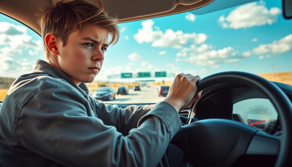 A young, nervous driver is sitting behind the wheel of a car, gripping the steering wheel with a tense expression. They are dressed in modest casual clothing to reflect their beginner status. In the foreground, the dashboard displays a view of the highway ahead, with a blurred speedometer indicating high speeds. In the middle ground, several cars zoom past on a well-maintained highway, showcasing the hustle of highway driving. The background features a bright blue sky with scattered clouds, symbolizing a sense of openness and adventure. The lighting is warm and inviting, enhancing the initial anxiety of first-time driving, while conveying encouragement. The overall atmosphere captures a blend of tension and determination, perfectly aligning with the theme of preparing for the challenges of highway driving.