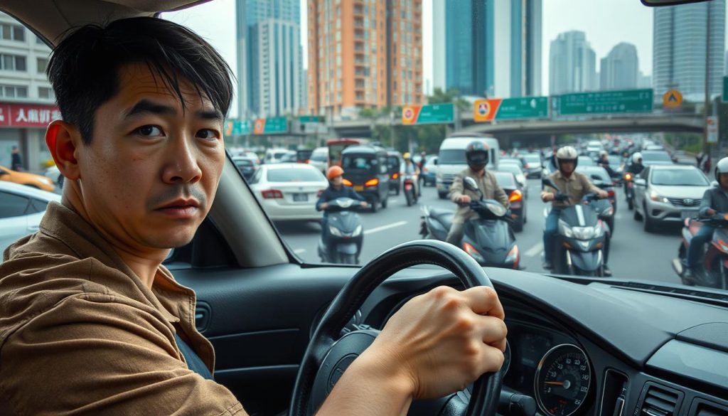 A bustling urban scene in Taiwan showcasing traffic congestion, emphasizing the stress and anxiety associated with driving. In the foreground, a worried driver in a modest casual outfit grips the steering wheel, reflecting tension on their face. The middle ground features a jammed highway filled with various vehicles, including cars and scooters, highlighting the complexity of Taiwan's traffic landscape. In the background, tall buildings and street signs represent the cultural context, with a soft haze indicating pollution or humidity typical in urban Taiwan. Use natural lighting for a realistic atmosphere, and focus on a slightly tilted angle to convey a sense of urgency and chaos. The overall mood should be one of anxiety and cultural tension, capturing the essence of driving fear influenced by social factors. A bustling urban scene in Taiwan showcasing traffic congestion, emphasizing the stress and anxiety associated with driving. In the foreground, a worried driver in a modest casual outfit grips the steering wheel, reflecting tension on their face. The middle ground features a jammed highway filled with various vehicles, including cars and scooters, highlighting the complexity of Taiwan's traffic landscape. In the background, tall buildings and street signs represent the cultural context, with a soft haze indicating pollution or humidity typical in urban Taiwan. Use natural lighting for a realistic atmosphere, and focus on a slightly tilted angle to convey a sense of urgency and chaos. The overall mood should be one of anxiety and cultural tension, capturing the essence of driving fear influenced by social factors.