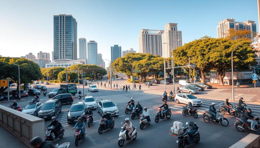 A bustling urban scene of Taichung, Taiwan, showcasing the intricate road network filled with a variety of vehicles, particularly scooters, navigating through complex intersections. In the foreground, capture a narrow street corner with a mix of cars and scooters, emphasizing the lively traffic. The middle ground should feature a complex intersection with traffic lights, crosswalks, and pedestrians in professional attire, ensuring a safe atmosphere. In the background, depict tall buildings and trees lining the streets under a bright blue sky, enhanced by warm, natural lighting. The overall mood should convey a sense of dynamic movement and slight tension, reflecting the busy driving culture of Taichung, while maintaining a realistic and vibrant cityscape. A bustling urban scene of Taichung, Taiwan, showcasing the intricate road network filled with a variety of vehicles, particularly scooters, navigating through complex intersections. In the foreground, capture a narrow street corner with a mix of cars and scooters, emphasizing the lively traffic. The middle ground should feature a complex intersection with traffic lights, crosswalks, and pedestrians in professional attire, ensuring a safe atmosphere. In the background, depict tall buildings and trees lining the streets under a bright blue sky, enhanced by warm, natural lighting. The overall mood should convey a sense of dynamic movement and slight tension, reflecting the busy driving culture of Taichung, while maintaining a realistic and vibrant cityscape.