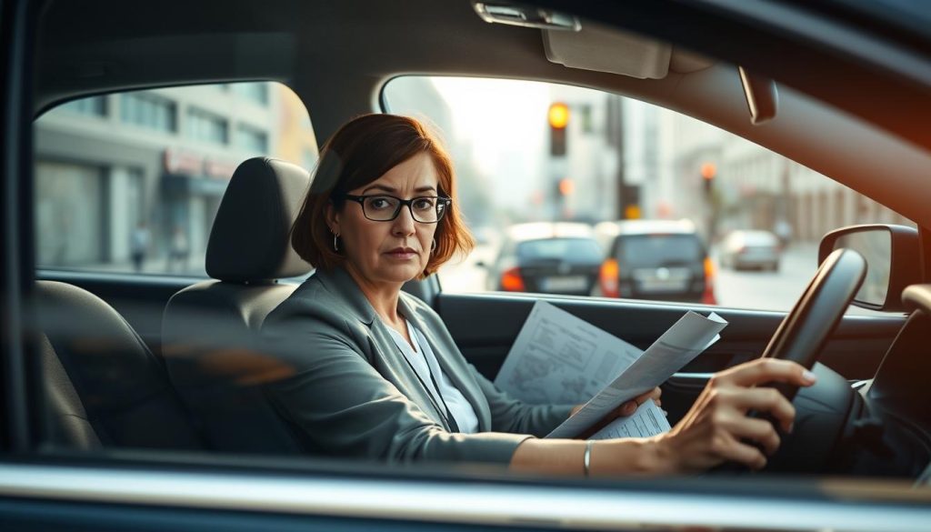A bustling urban street scene depicting a woman in her late 30s, sitting nervously in the driver's seat of a car. She wears professional, modest attire, her hands gripping the steering wheel tightly. The foreground shows her anxious expression, reflecting a mixture of determination and uncertainty. In the middle ground, a calming driving instructor gestures with encouragement from the passenger seat, while an open map and a notebook on her lap symbolize preparation. In the background, blurred city buildings and traffic signal lights hint at the busy environment she's about to navigate. Soft, natural lighting filters through the car windows, casting a warm glow that contrasts with the woman's worry, creating an atmosphere of hope and empowerment as she prepares to take her first step in learning to drive. A bustling urban street scene depicting a woman in her late 30s, sitting nervously in the driver's seat of a car. She wears professional, modest attire, her hands gripping the steering wheel tightly. The foreground shows her anxious expression, reflecting a mixture of determination and uncertainty. In the middle ground, a calming driving instructor gestures with encouragement from the passenger seat, while an open map and a notebook on her lap symbolize preparation. In the background, blurred city buildings and traffic signal lights hint at the busy environment she's about to navigate. Soft, natural lighting filters through the car windows, casting a warm glow that contrasts with the woman's worry, creating an atmosphere of hope and empowerment as she prepares to take her first step in learning to drive.