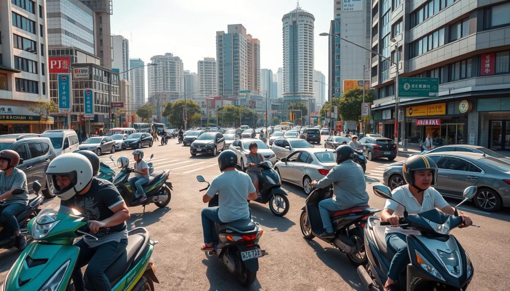 A bustling urban street scene in Taichung, Taiwan, showcasing a dynamic interaction between cars and scooters. In the foreground, a diverse group of riders on scooters, wearing helmets and casual clothing, navigate through a complex intersection. The middle ground features a mixture of cars, some paused at traffic lights while others are cautiously entering the intersection. The background captures a vibrant cityscape with tall buildings and street signage, under a clear blue sky. Soft sunlight filters through, creating a warm atmosphere. The angle is slightly elevated, offering a bird's-eye view of the streets, emphasizing the importance of defensive driving principles amidst a busy traffic environment. A bustling urban street scene in Taichung, Taiwan, showcasing a dynamic interaction between cars and scooters. In the foreground, a diverse group of riders on scooters, wearing helmets and casual clothing, navigate through a complex intersection. The middle ground features a mixture of cars, some paused at traffic lights while others are cautiously entering the intersection. The background captures a vibrant cityscape with tall buildings and street signage, under a clear blue sky. Soft sunlight filters through, creating a warm atmosphere. The angle is slightly elevated, offering a bird's-eye view of the streets, emphasizing the importance of defensive driving principles amidst a busy traffic environment.