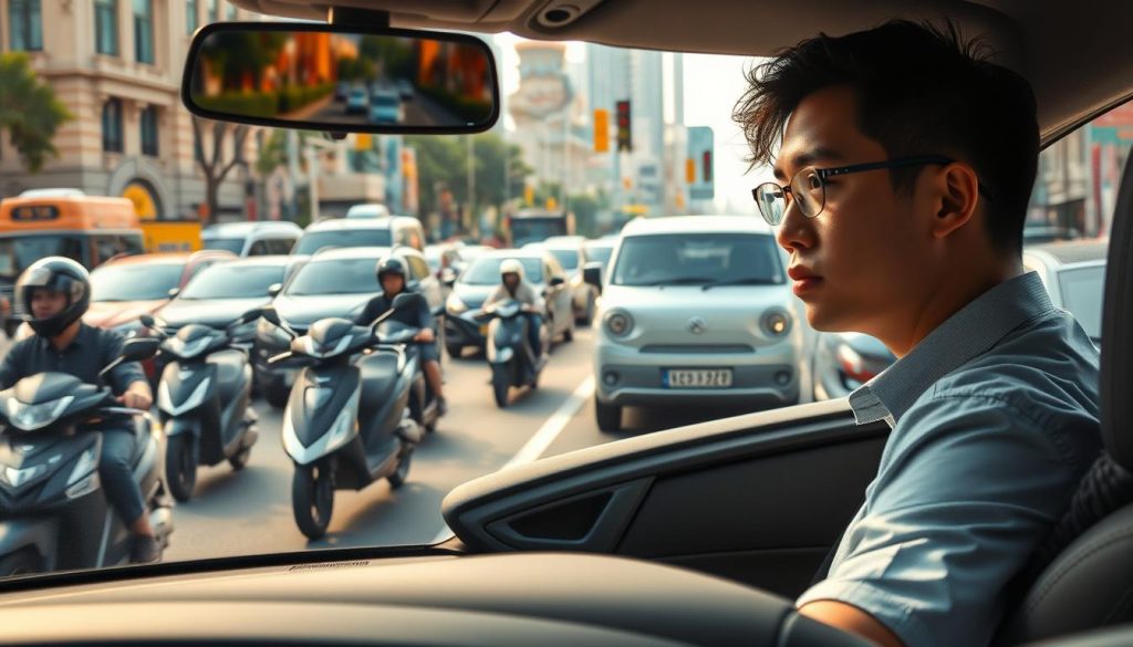 A busy street scene in Taichung, Taiwan, featuring a diverse range of vehicles, particularly motorcycles weaving through traffic, illustrating the challenges of defensive driving. In the foreground, a focused driver is seen behind the wheel of a modern car, wearing smart casual attire, with a serious expression, showcasing alertness and concentration. The middle ground displays a mix of cars and scooters caught in a typical urban traffic jam, highlighting the need for vigilance on the road. In the background, iconic Taichung architecture and traffic signals are visible, bathed in soft daylight, creating a lively yet tense atmosphere. The camera angle is slightly elevated, lending perspective to the bustling cityscape while emphasizing the importance of defensive driving strategies amid potential dangers.