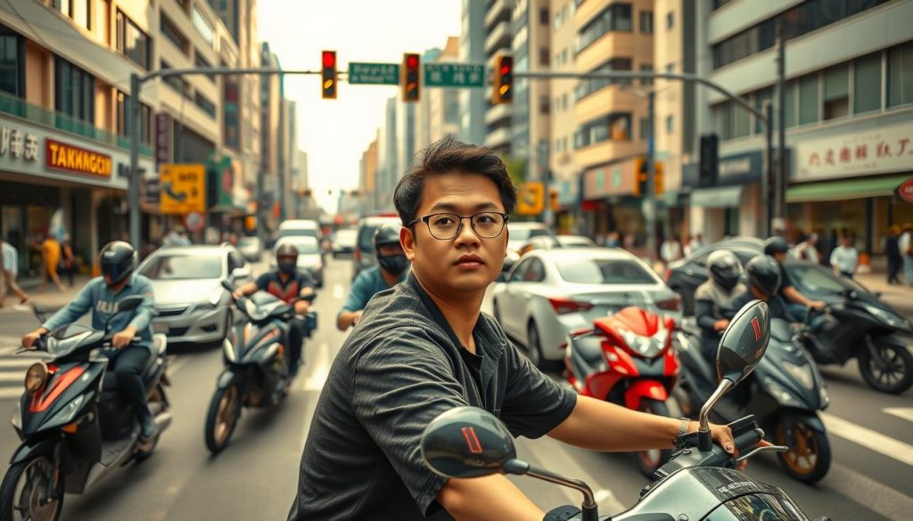A busy urban intersection in Taichung City, showcasing a complex scene with various motorcycles and cars navigating through it. In the foreground, focus on a skilled driver in a modest casual outfit, attentively observing their surroundings with an expression of concentration. In the middle ground, illustrate several motorcycles and cars positioned close together, emphasizing the challenge of blind spots. The background should feature a bustling street with buildings, traffic lights, and pedestrians, creating a dynamic atmosphere. Use soft natural lighting to create a warm yet slightly tense mood, hinting at the driver's need for vigilance. Capture the scene from a slightly elevated angle, providing a clear view of the traffic flow and the intricate patterns of movement within this vibrant city environment. A busy urban intersection in Taichung City, showcasing a complex scene with various motorcycles and cars navigating through it. In the foreground, focus on a skilled driver in a modest casual outfit, attentively observing their surroundings with an expression of concentration. In the middle ground, illustrate several motorcycles and cars positioned close together, emphasizing the challenge of blind spots. The background should feature a bustling street with buildings, traffic lights, and pedestrians, creating a dynamic atmosphere. Use soft natural lighting to create a warm yet slightly tense mood, hinting at the driver's need for vigilance. Capture the scene from a slightly elevated angle, providing a clear view of the traffic flow and the intricate patterns of movement within this vibrant city environment.