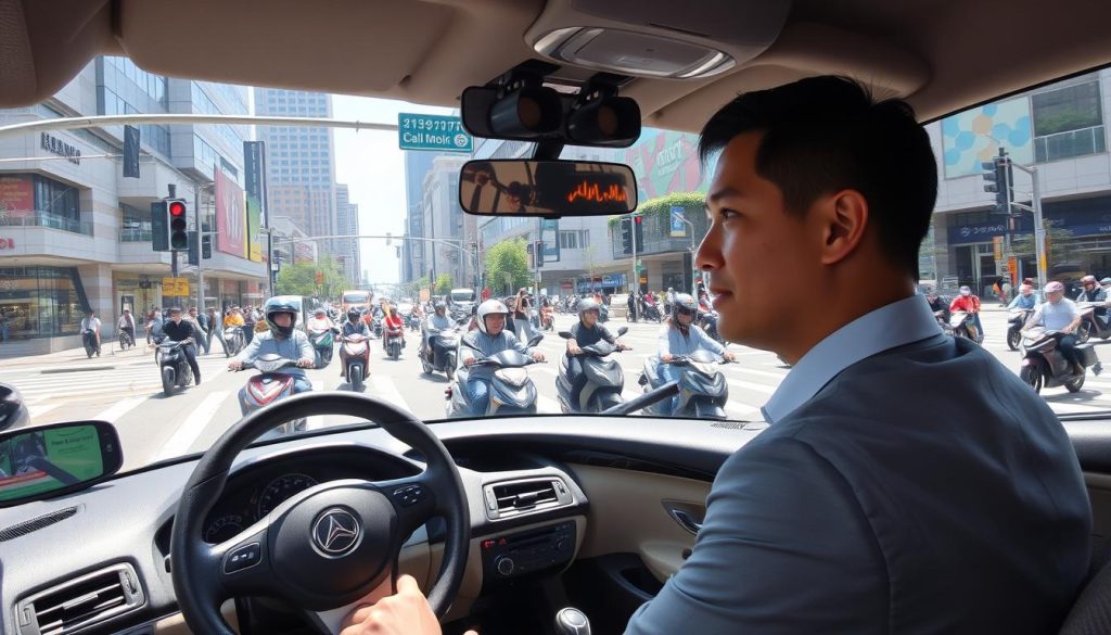 A busy urban intersection in Taichung City, with a focus on the complex dynamics of traffic. In the foreground, a cautious driver in a modern car, wearing professional business attire, attentively navigating through the intersection. The middle layer features various motorcycles weaving through traffic, showcasing the high density of two-wheeled vehicles. In the background, a mix of pedestrians waiting to cross, traffic lights, and buildings typical of a bustling Taiwanese city, all under bright, natural sunlight. The composition conveys a sense of focus and strategic decision-making, highlighting the intensity of urban driving. Include a clear view from a slightly elevated angle to capture the entire scene, emphasizing the intricate traffic patterns and vibrant city life. A busy urban intersection in Taichung City, with a focus on the complex dynamics of traffic. In the foreground, a cautious driver in a modern car, wearing professional business attire, attentively navigating through the intersection. The middle layer features various motorcycles weaving through traffic, showcasing the high density of two-wheeled vehicles. In the background, a mix of pedestrians waiting to cross, traffic lights, and buildings typical of a bustling Taiwanese city, all under bright, natural sunlight. The composition conveys a sense of focus and strategic decision-making, highlighting the intensity of urban driving. Include a clear view from a slightly elevated angle to capture the entire scene, emphasizing the intricate traffic patterns and vibrant city life.