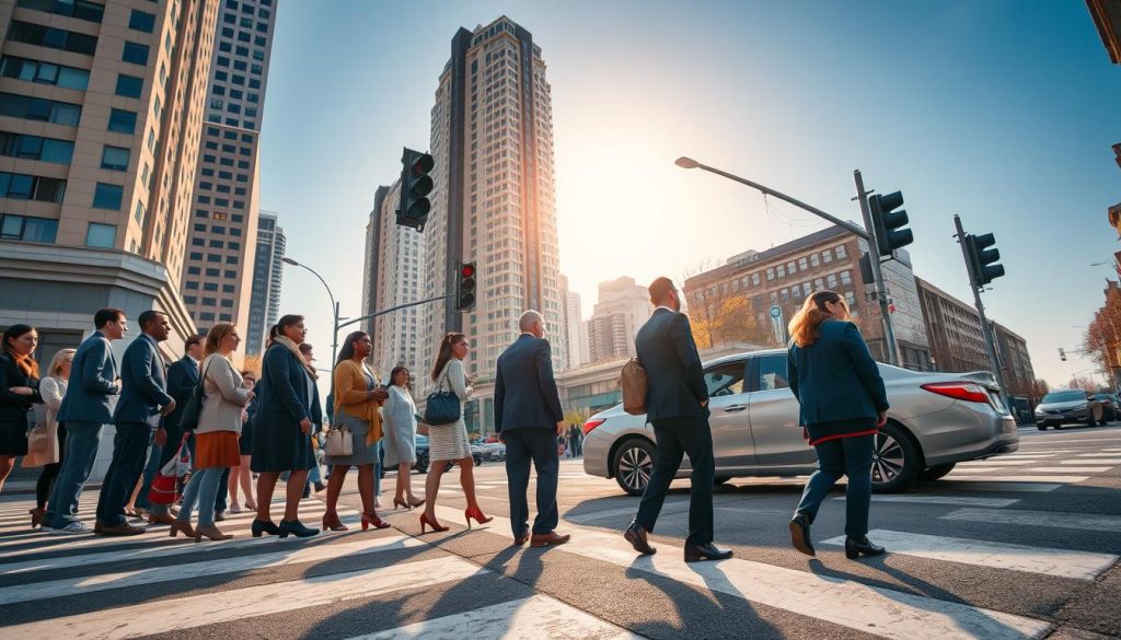 A busy urban intersection showcasing a crosswalk with pedestrians waiting patiently for a green light. In the foreground, a diverse group of well-dressed individuals, including men and women in professional attire and modest casual clothing, are standing on the sidewalk. In the middle ground, a car is making a right turn, slowing down to yield to the pedestrians, reflecting a sense of safety and compliance. The background features tall city buildings under a clear blue sky, and soft sunlight illuminating the scene, enhancing a warm and inviting atmosphere. The angle captures both the pedestrians and the vehicle, emphasizing the importance of traffic regulations in protecting the safety of those crossing the street. A busy urban intersection showcasing a crosswalk with pedestrians waiting patiently for a green light. In the foreground, a diverse group of well-dressed individuals, including men and women in professional attire and modest casual clothing, are standing on the sidewalk. In the middle ground, a car is making a right turn, slowing down to yield to the pedestrians, reflecting a sense of safety and compliance. The background features tall city buildings under a clear blue sky, and soft sunlight illuminating the scene, enhancing a warm and inviting atmosphere. The angle captures both the pedestrians and the vehicle, emphasizing the importance of traffic regulations in protecting the safety of those crossing the street.