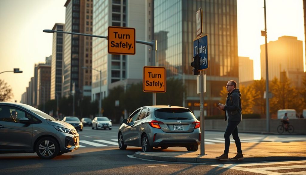 A busy urban intersection showcasing the concept of safe turning at corners. In the foreground, a compact car is forking left, with a cautious driver checking the surroundings. To the right, a pedestrian waits at the crosswalk, displaying attentiveness while holding a smartphone. The middle ground features a clear street sign indicating ‘Turn Safely’ with bright colors. In the background, tall city buildings are softly illuminated by the warm glow of the setting sun, casting elongated shadows. The scene captures a sense of alertness and responsibility, with soft focus on the periphery and sharp detail on the car and pedestrian. A slightly elevated angle offers a wide view, emphasizing the intersection's importance for safe navigation. A busy urban intersection showcasing the concept of safe turning at corners. In the foreground, a compact car is forking left, with a cautious driver checking the surroundings. To the right, a pedestrian waits at the crosswalk, displaying attentiveness while holding a smartphone. The middle ground features a clear street sign indicating ‘Turn Safely’ with bright colors. In the background, tall city buildings are softly illuminated by the warm glow of the setting sun, casting elongated shadows. The scene captures a sense of alertness and responsibility, with soft focus on the periphery and sharp detail on the car and pedestrian. A slightly elevated angle offers a wide view, emphasizing the intersection's importance for safe navigation.