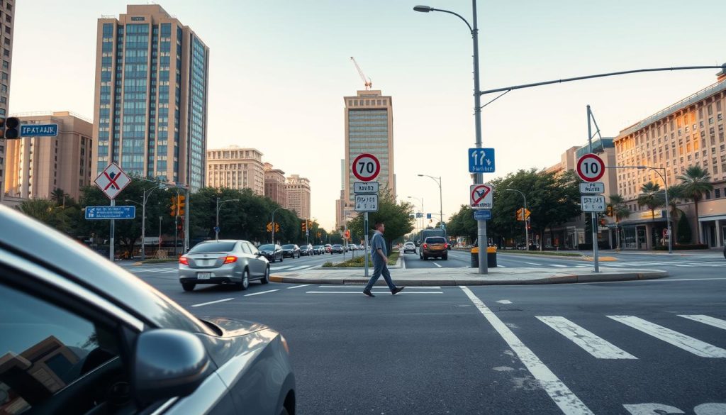 A busy urban intersection showcasing the concept of "same lane priority" in traffic. In the foreground, a car is approaching a right turn, signaling its intent with a clear turn signal, while another vehicle is preparing to merge into the same lane from the left. A pedestrian is cautiously crossing at a designated crosswalk nearby, observing the traffic. In the middle ground, various road signs indicating traffic rules and lane usage can be seen. The background features tall buildings, a blue sky, and soft, natural lighting that suggests a late afternoon ambiance. Capture the motion and tension of the scene while ensuring safety and clarity in lane markings and road rules. The angle should be slightly elevated, providing a clear view of the intersection dynamics without any text or overlays. A busy urban intersection showcasing the concept of "same lane priority" in traffic. In the foreground, a car is approaching a right turn, signaling its intent with a clear turn signal, while another vehicle is preparing to merge into the same lane from the left. A pedestrian is cautiously crossing at a designated crosswalk nearby, observing the traffic. In the middle ground, various road signs indicating traffic rules and lane usage can be seen. The background features tall buildings, a blue sky, and soft, natural lighting that suggests a late afternoon ambiance. Capture the motion and tension of the scene while ensuring safety and clarity in lane markings and road rules. The angle should be slightly elevated, providing a clear view of the intersection dynamics without any text or overlays.