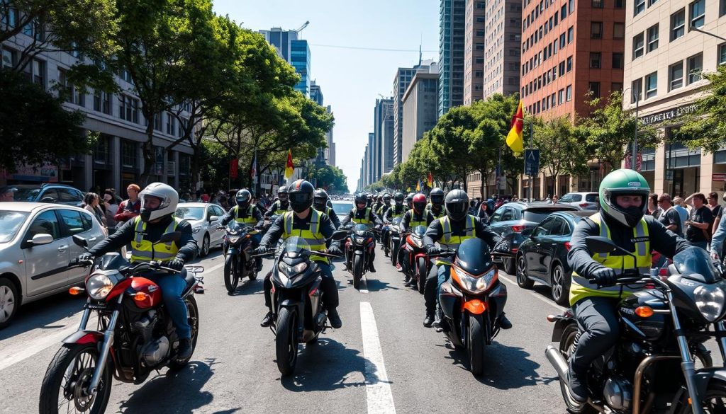 A busy urban street scene during daylight, showcasing a variety of motorcycle riders navigating through traffic. In the foreground, several riders in professional gear, such as reflective jackets and helmets, demonstrate defensive driving techniques. The middle ground features cars and a diverse mix of pedestrians observing the interaction, highlighting the bustling city environment. The background captures tall buildings and trees lining the street under a clear blue sky, casting soft shadows. The lighting is bright and natural, emphasizing the action on the road. The overall mood is dynamic yet focused, conveying the essence of navigating safely among motorcycles in a crowded area.