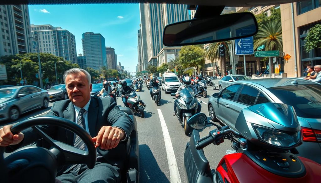 A busy urban street scene during daylight, showcasing motorcycles weaving through traffic amidst a mix of cars and pedestrians. In the foreground, a focused driving instructor in professional attire demonstrates defensive driving techniques in a modern vehicle, emphasizing awareness of surrounding motorcycles. The middle ground features a diverse array of motorcycles at various speeds, highlighting their agility and unpredictability. In the background, tall buildings and street signs contribute to an urban atmosphere. Soft, natural lighting from a clear blue sky creates a vibrant, energetic mood, while the angle captures a dynamic perspective, making it feel as if the viewer is part of the action, observing the interaction between vehicles.