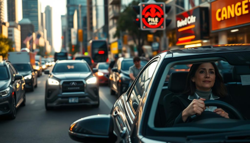 A busy urban street scene during peak traffic hours, showcasing a diverse range of vehicles, including cars, buses, and bicycles, all moving through a bustling city. In the foreground, focus on a mid-sized family car with a mom behind the wheel, looking attentive and focused. She is dressed in smart casual attire, reflecting a professional yet approachable demeanor. In the middle ground, capture other drivers and pedestrians navigating the streets, some waiting at a red light, while others cross the road. The background features skyscrapers and neon signage, indicative of a vibrant city life. The lighting is warm, suggesting late afternoon, creating a vibrant, dynamic atmosphere. Use a slight wide-angle lens effect to emphasize the hustle and bustle of urban driving. A busy urban street scene during peak traffic hours, showcasing a diverse range of vehicles, including cars, buses, and bicycles, all moving through a bustling city. In the foreground, focus on a mid-sized family car with a mom behind the wheel, looking attentive and focused. She is dressed in smart casual attire, reflecting a professional yet approachable demeanor. In the middle ground, capture other drivers and pedestrians navigating the streets, some waiting at a red light, while others cross the road. The background features skyscrapers and neon signage, indicative of a vibrant city life. The lighting is warm, suggesting late afternoon, creating a vibrant, dynamic atmosphere. Use a slight wide-angle lens effect to emphasize the hustle and bustle of urban driving.