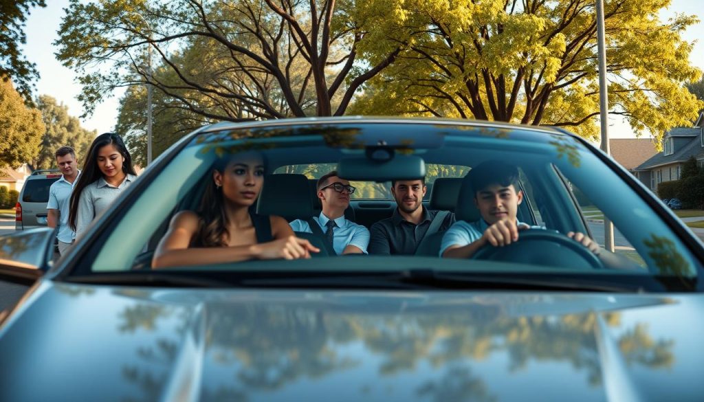 A calm and focused driving lesson setting along a quiet suburban street. In the foreground, a diverse group of individuals, dressed in professional casual attire, engage in a practical driving session, showing expressions of determination and confidence. The middle ground showcases a modern car, highlighting the interaction between a supportive instructor and a nervous yet eager learner behind the wheel. In the background, trees with lush green leaves and clear blue skies create a serene atmosphere. Soft, natural lighting enhances the scene, evoking a sense of safety and gradual progress. A wide-angle perspective captures the essence of step-by-step exposure therapy, symbolizing the transition from anxiety to confidence in driving. A calm and focused driving lesson setting along a quiet suburban street. In the foreground, a diverse group of individuals, dressed in professional casual attire, engage in a practical driving session, showing expressions of determination and confidence. The middle ground showcases a modern car, highlighting the interaction between a supportive instructor and a nervous yet eager learner behind the wheel. In the background, trees with lush green leaves and clear blue skies create a serene atmosphere. Soft, natural lighting enhances the scene, evoking a sense of safety and gradual progress. A wide-angle perspective captures the essence of step-by-step exposure therapy, symbolizing the transition from anxiety to confidence in driving.