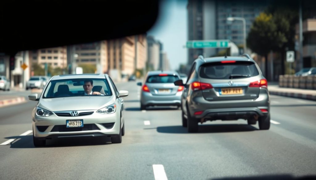 A clear urban road scene showing two cars maintaining a safe distance while driving. In the foreground, focus on a mid-range sedan in a light color, with a driver inside wearing business casual attire, looking attentive. In the middle, another vehicle, a compact car, follows at a safe distance, with visible brake lights indicating it's safely stopping. The background features blurred city buildings and street signs, hinting at a bustling environment. The lighting is bright and natural, suggesting a sunny day, enhancing the focus on road safety. The composition emphasizes the importance of maintaining safe driving distances, creating a calm and responsible atmosphere suitable for a driving safety article.