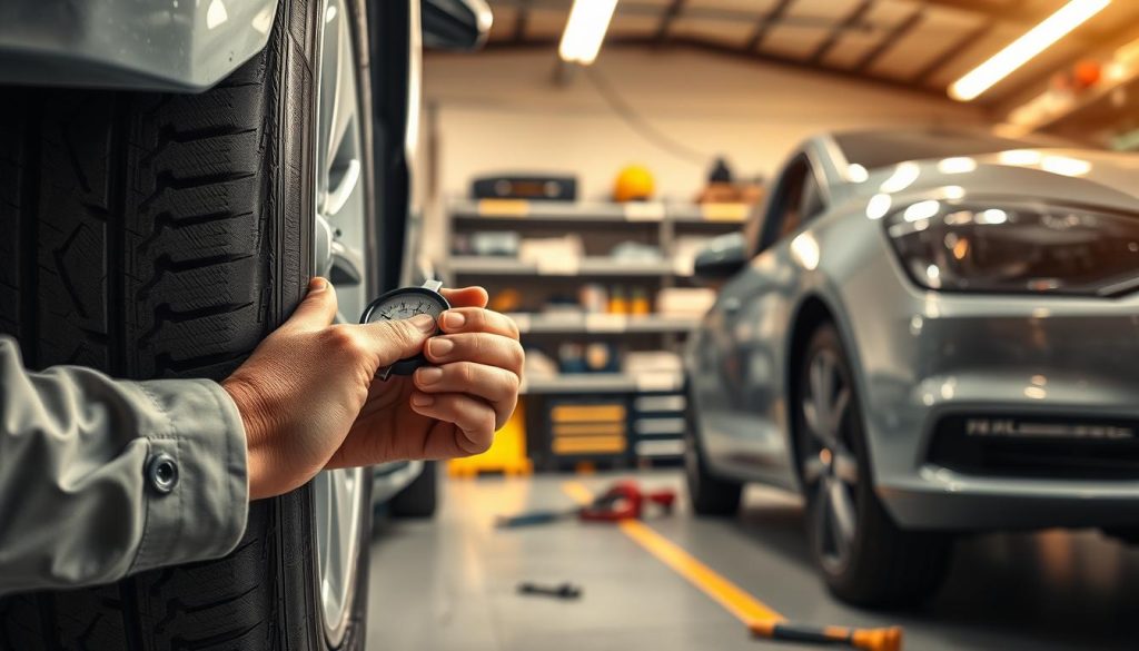 A close-up image of a professional mechanic inspecting a car tire for safety, set in a brightly lit garage. In the foreground, focus on the mechanic's hands carefully checking the tire tread depth with a gauge, showcasing attention to detail. The middle ground features a partially visible car, emphasizing the tire being examined, with tools scattered neatly nearby, adding context to the vehicle maintenance theme. The background includes shelves lined with automotive tools under warm, welcoming lighting, creating an organized and professional atmosphere. The mechanic is wearing a clean, modest work uniform and safety glasses, ensuring a safe and serious mood, suitable for vehicle safety preparation. A close-up image of a professional mechanic inspecting a car tire for safety, set in a brightly lit garage. In the foreground, focus on the mechanic's hands carefully checking the tire tread depth with a gauge, showcasing attention to detail. The middle ground features a partially visible car, emphasizing the tire being examined, with tools scattered neatly nearby, adding context to the vehicle maintenance theme. The background includes shelves lined with automotive tools under warm, welcoming lighting, creating an organized and professional atmosphere. The mechanic is wearing a clean, modest work uniform and safety glasses, ensuring a safe and serious mood, suitable for vehicle safety preparation.