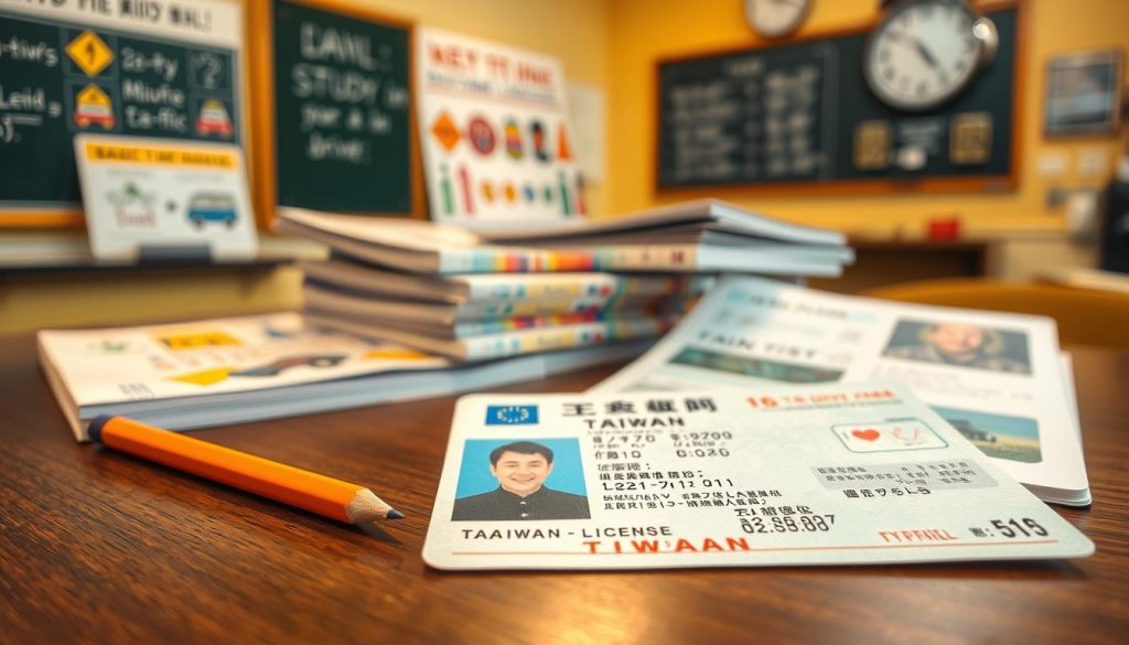 A close-up of a Taiwan driver's license lying on a wooden table, surrounded by study materials like a driving handbook and a pencil. In the foreground, the license prominently displays personal details, but no visible names or identifiers. The middle ground features a stack of textbooks on basic traffic rules, with colorful illustrations of road signs and vehicles. The background includes a softly lit classroom scene with a chalkboard displaying key traffic regulations and a clock showing study time. Warm lighting casts a cozy atmosphere, evoking a sense of focus and determination in preparing for the driving test. The composition invites viewers into the world of learning to drive. A close-up of a Taiwan driver's license lying on a wooden table, surrounded by study materials like a driving handbook and a pencil. In the foreground, the license prominently displays personal details, but no visible names or identifiers. The middle ground features a stack of textbooks on basic traffic rules, with colorful illustrations of road signs and vehicles. The background includes a softly lit classroom scene with a chalkboard displaying key traffic regulations and a clock showing study time. Warm lighting casts a cozy atmosphere, evoking a sense of focus and determination in preparing for the driving test. The composition invites viewers into the world of learning to drive.