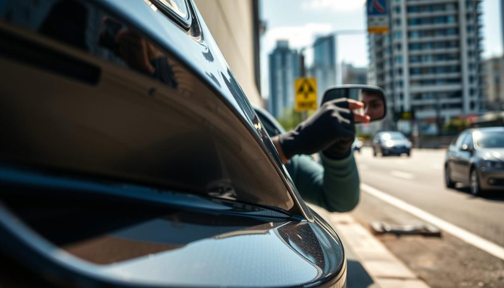A close-up view of a car's front end parked beside a concrete wall, illustrating the concept of "car head distance." The foreground features the car's shiny, detailed bumper, capturing reflections of the surrounding environment. In the middle ground, a pair of hands, wearing driving gloves, is seen adjusting side mirrors, emphasizing focus and concentration. The background includes a blurred cityscape with urban structures, evoking a sense of realism. The lighting is bright and sunny, casting distinct shadows to enhance depth, while a slight tilt from a low angle provides a dynamic perspective. The overall atmosphere conveys a feeling of learning and mastery, with an emphasis on understanding spatial awareness while driving, framed in a busy driving environment.