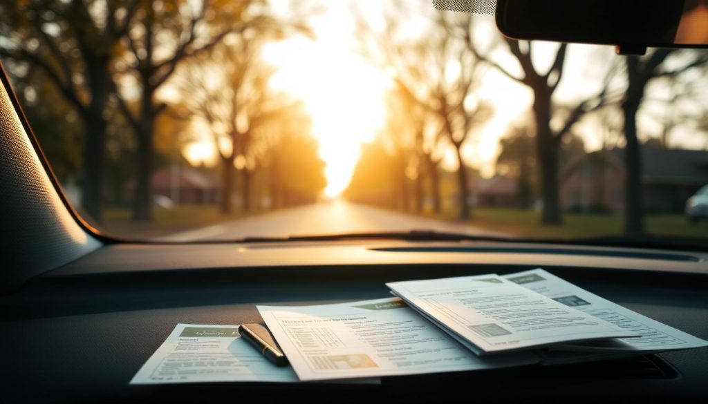 A close-up view of a car's interior dashboard, focusing on essential documents like the driver's license and insurance papers neatly arranged on the passenger seat. In the background, a clear view of a tree-lined street under soft morning light, creating a warm and inviting atmosphere. The lens should have a slight depth of field, blurring the background slightly to emphasize the documents in the foreground. The lighting should create gentle highlights on the papers, suggesting a sense of readiness and legality for driving. The overall mood should evoke a sense of preparation and safety, reinforcing the importance of checking paperwork before getting back on the road. A close-up view of a car's interior dashboard, focusing on essential documents like the driver's license and insurance papers neatly arranged on the passenger seat. In the background, a clear view of a tree-lined street under soft morning light, creating a warm and inviting atmosphere. The lens should have a slight depth of field, blurring the background slightly to emphasize the documents in the foreground. The lighting should create gentle highlights on the papers, suggesting a sense of readiness and legality for driving. The overall mood should evoke a sense of preparation and safety, reinforcing the importance of checking paperwork before getting back on the road.