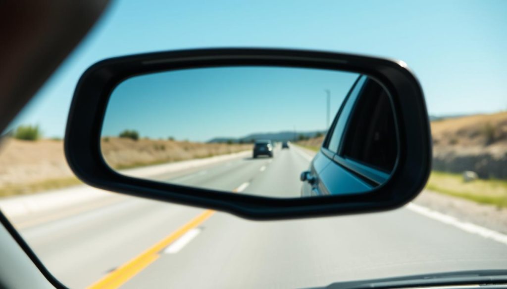 A close-up view of a car's rearview mirror reflecting the road behind, showcasing a safe distance from another vehicle. The foreground features a sleek, modern rearview mirror enhancing focus on the reflection. In the middle, a well-maintained road with light traffic visible in the mirror, highlighting the cars' positions. The background displays a clear blue sky, indicating a sunny day, contributing to a positive driving atmosphere. The image should capture the perspective of a cautious driver adjusting their view for lane changing. Lighting is bright and natural, resembling daylight, with a hint of sunlight glinting off the mirror's surface. The overall mood is professional, emphasizing safety and awareness in driving practices. A close-up view of a car's rearview mirror reflecting the road behind, showcasing a safe distance from another vehicle. The foreground features a sleek, modern rearview mirror enhancing focus on the reflection. In the middle, a well-maintained road with light traffic visible in the mirror, highlighting the cars' positions. The background displays a clear blue sky, indicating a sunny day, contributing to a positive driving atmosphere. The image should capture the perspective of a cautious driver adjusting their view for lane changing. Lighting is bright and natural, resembling daylight, with a hint of sunlight glinting off the mirror's surface. The overall mood is professional, emphasizing safety and awareness in driving practices.