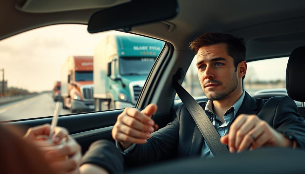 A close-up view of a driver in a car, looking slightly distracted, with hands lightly hovering over the steering wheel. The driver, a professional dressed in smart casual attire, is adjusting the rearview mirror, while a passenger in the front seat is reaching for a drink in a cup holder. The background shows a busy road with large trucks passing by, emphasizing the concept of potential distraction while driving. The lighting is soft and natural, coming from the windshield, highlighting the driver's focused expression interspersed with moments of distraction. The atmosphere conveys a sense of urgency and caution, urging for careful attention amidst driving challenges, particularly when near bigger vehicles.