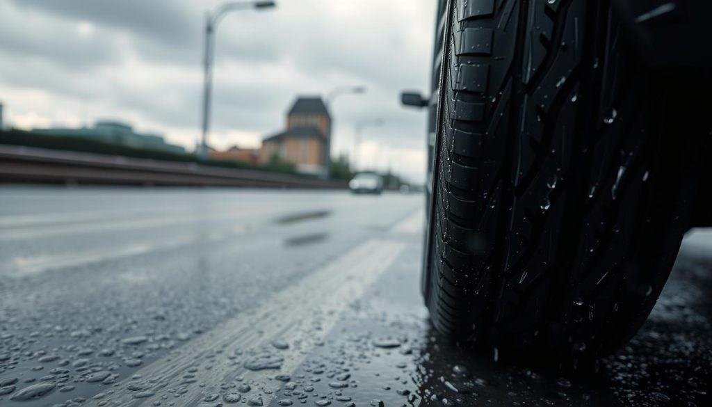 A close-up view of a high-performance car tire designed for rainy conditions, showcasing detailed tread patterns and drainage grooves effectively channeling water. The tire sits on a wet asphalt surface, glistening with rainwater to highlight the effect of the tread design. The background features a blurred urban streetscape under a moody, overcast sky, with soft, diffused lighting enhancing the wet ambiance. The composition captures the essence of safety and stability in driving, illustrating the importance of tire performance in preventing skidding. A low angle shot emphasizes the tire's features while conveying a sense of urgency and realism, perfect for illustrating the critical role of tires in driving safety on rainy days.