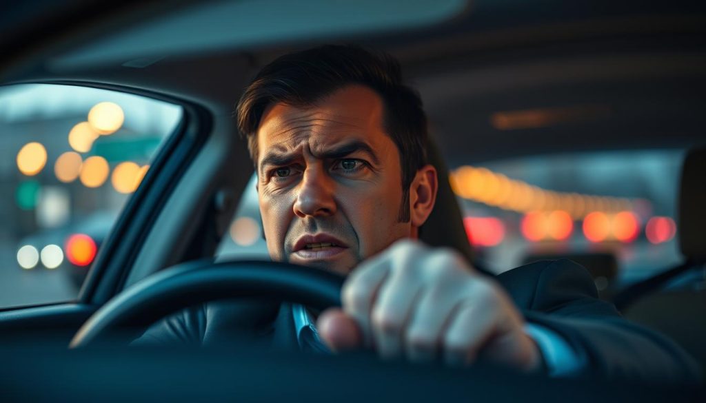 A close-up view of a professional-looking driver inside a car, visibly anxious while gripping the steering wheel. The driver's faces shows a mix of determination and fear, with furrowed brows and slightly opened mouth. The car interior is illuminated by soft, warm lighting to create a sense of tension. In the background, an out-of-focus cityscape with blurred traffic lights suggests a busy road, enhancing the sense of anxiety. The setting conveys a mood of inner conflict, highlighting the concept of driving anxiety and fear of driving phobia. The image is framed from a slight angle, capturing the driver’s emotional struggle while emphasizing the isolation within the vehicle. A close-up view of a professional-looking driver inside a car, visibly anxious while gripping the steering wheel. The driver's faces shows a mix of determination and fear, with furrowed brows and slightly opened mouth. The car interior is illuminated by soft, warm lighting to create a sense of tension. In the background, an out-of-focus cityscape with blurred traffic lights suggests a busy road, enhancing the sense of anxiety. The setting conveys a mood of inner conflict, highlighting the concept of driving anxiety and fear of driving phobia. The image is framed from a slight angle, capturing the driver’s emotional struggle while emphasizing the isolation within the vehicle.