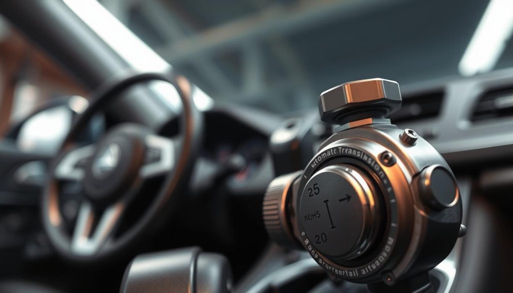 A close-up view of an automatic transmission lock mechanism, showcasing its intricate details and design. The foreground features the transmission lock, glimmering in a metallic finish with clear labels indicating its components. In the middle, include a blurred image of a car interior, with the steering wheel slightly visible and an emphasis on the gear lever. The background shows a softly lit garage environment, giving a sense of safety and professionalism. Soft diffused lighting highlights the mechanism's curves, creating a sense of depth. The mood is calm and focused, aiming to illustrate the importance of proper vehicle operation to prevent accidental acceleration. No text or watermarks should be present in the image.