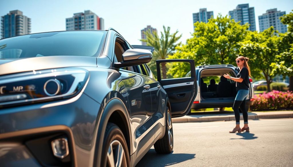 A compact SUV parked on an urban street, showcasing its sleek design and family-friendly features. In the foreground, the vehicle is angled to the viewer's perspective, highlighting its modern headlights and spacious interior visible through the open door. The middle ground includes a serene park with lush greenery, where a woman dressed in smart casual attire stands next to the car, examining features like the dashboard and cargo space. In the background, soft-focus city buildings add depth, under a clear blue sky. The lighting is warm and inviting, suggesting a sunny afternoon, creating an atmosphere of adventure and excitement for new drivers. The scene captures the essence of practical car selection for families. A compact SUV parked on an urban street, showcasing its sleek design and family-friendly features. In the foreground, the vehicle is angled to the viewer's perspective, highlighting its modern headlights and spacious interior visible through the open door. The middle ground includes a serene park with lush greenery, where a woman dressed in smart casual attire stands next to the car, examining features like the dashboard and cargo space. In the background, soft-focus city buildings add depth, under a clear blue sky. The lighting is warm and inviting, suggesting a sunny afternoon, creating an atmosphere of adventure and excitement for new drivers. The scene captures the essence of practical car selection for families.