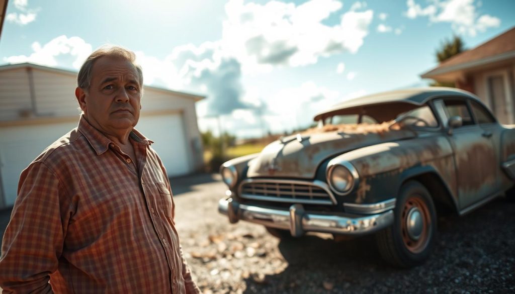 A concerned driver standing next to an old, dusty car parked in a sunlit driveway, showcasing the effects of neglect. In the foreground, the driver's worried expression reflects uncertainty and apprehension about getting back on the road after a long hiatus. The middle ground features the car, with visible signs of wear, such as cobwebs and faded paint, emphasizing the theme of inactivity. In the background, a bright blue sky contrasts with fluffy white clouds, symbolizing hope and new beginnings. The scene is softly lit, capturing a warm and inviting atmosphere, while maintaining a sense of seriousness. The image should be framed with a shallow depth of field, focusing on the driver and the car, while the background softly blurs, creating a thoughtful and introspective mood. A concerned driver standing next to an old, dusty car parked in a sunlit driveway, showcasing the effects of neglect. In the foreground, the driver's worried expression reflects uncertainty and apprehension about getting back on the road after a long hiatus. The middle ground features the car, with visible signs of wear, such as cobwebs and faded paint, emphasizing the theme of inactivity. In the background, a bright blue sky contrasts with fluffy white clouds, symbolizing hope and new beginnings. The scene is softly lit, capturing a warm and inviting atmosphere, while maintaining a sense of seriousness. The image should be framed with a shallow depth of field, focusing on the driver and the car, while the background softly blurs, creating a thoughtful and introspective mood.