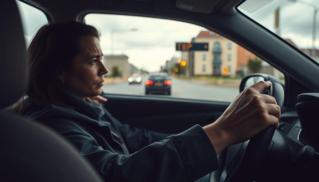 A concerned person sits in the driver's seat of a car, hands gripping the steering wheel tightly, their expression reflecting anxiety and apprehension. The foreground features close-up details of the driver's tense hands and the dashboard, emphasizing their emotional struggle. In the middle ground, outside the car window, a blurred city street signifies movement and the challenges of driving. The background depicts a cloudy sky, casting a diffused, somber light on the scene, enhancing the feeling of unease. The overall atmosphere is tense and introspective, focusing on the internal conflict of fear associated with driving. The image should subtly capture the psychological theme of self-assessment and driving anxiety without any text or distractions. A concerned person sits in the driver's seat of a car, hands gripping the steering wheel tightly, their expression reflecting anxiety and apprehension. The foreground features close-up details of the driver's tense hands and the dashboard, emphasizing their emotional struggle. In the middle ground, outside the car window, a blurred city street signifies movement and the challenges of driving. The background depicts a cloudy sky, casting a diffused, somber light on the scene, enhancing the feeling of unease. The overall atmosphere is tense and introspective, focusing on the internal conflict of fear associated with driving. The image should subtly capture the psychological theme of self-assessment and driving anxiety without any text or distractions.